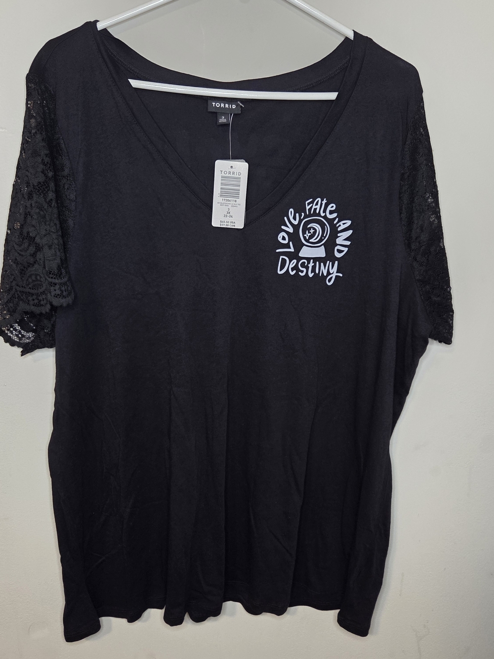 torrid Black V-Neck Tee with Lace Short Sleeves and White Chest Graphic